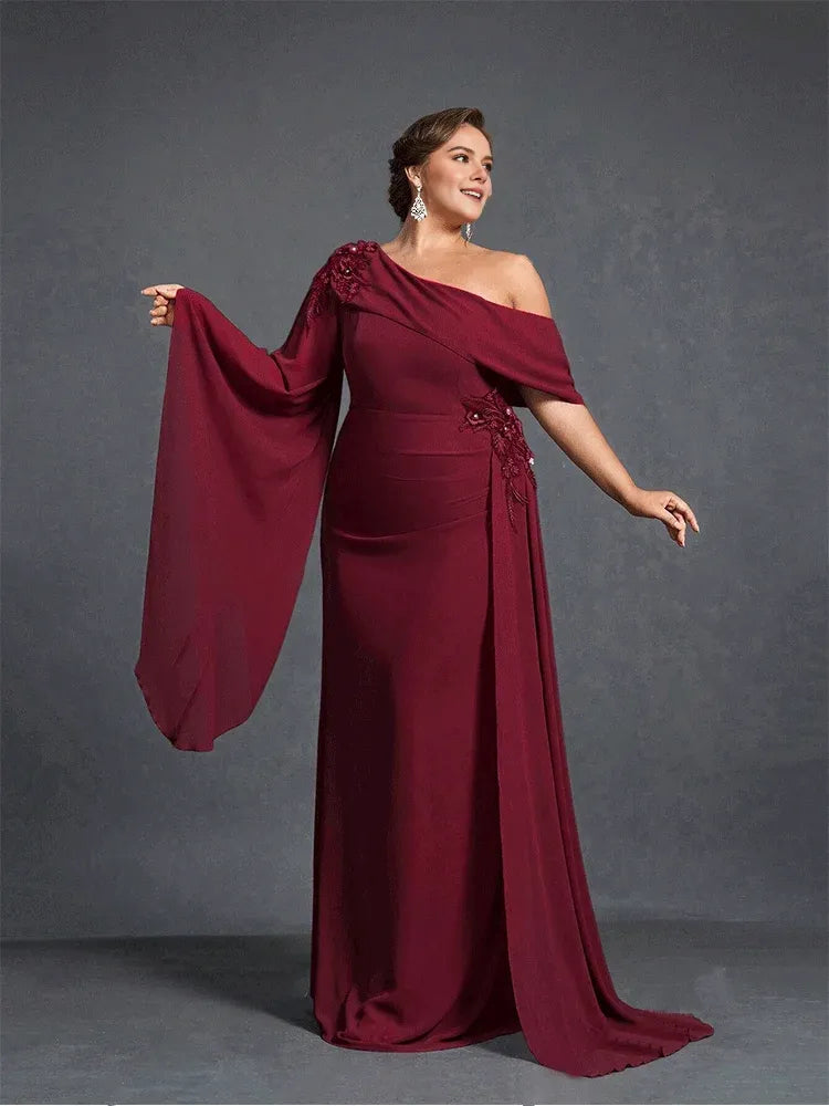 Dress Plus Size Strapless Apricot Chiffon Floor-Length Evening Dress Luxury Chiffon Mom Dress Floor-Length Prom Gown Women