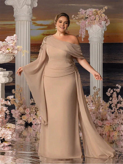 Dress Plus Size Strapless Apricot Chiffon Floor-Length Evening Dress Luxury Chiffon Mom Dress Floor-Length Prom Gown Women