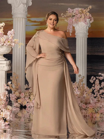 Dress Plus Size Strapless Apricot Chiffon Floor-Length Evening Dress Luxury Chiffon Mom Dress Floor-Length Prom Gown Women