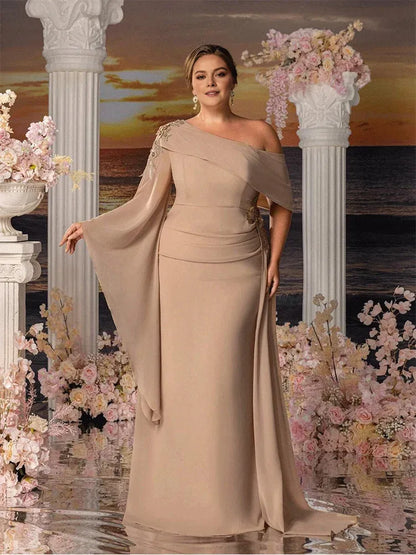 Dress Plus Size Strapless Apricot Chiffon Floor-Length Evening Dress Luxury Chiffon Mom Dress Floor-Length Prom Gown Women