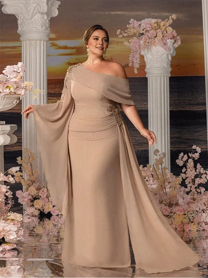 Dress Plus Size Strapless Apricot Chiffon Floor-Length Evening Dress Luxury Chiffon Mom Dress Floor-Length Prom Gown Women