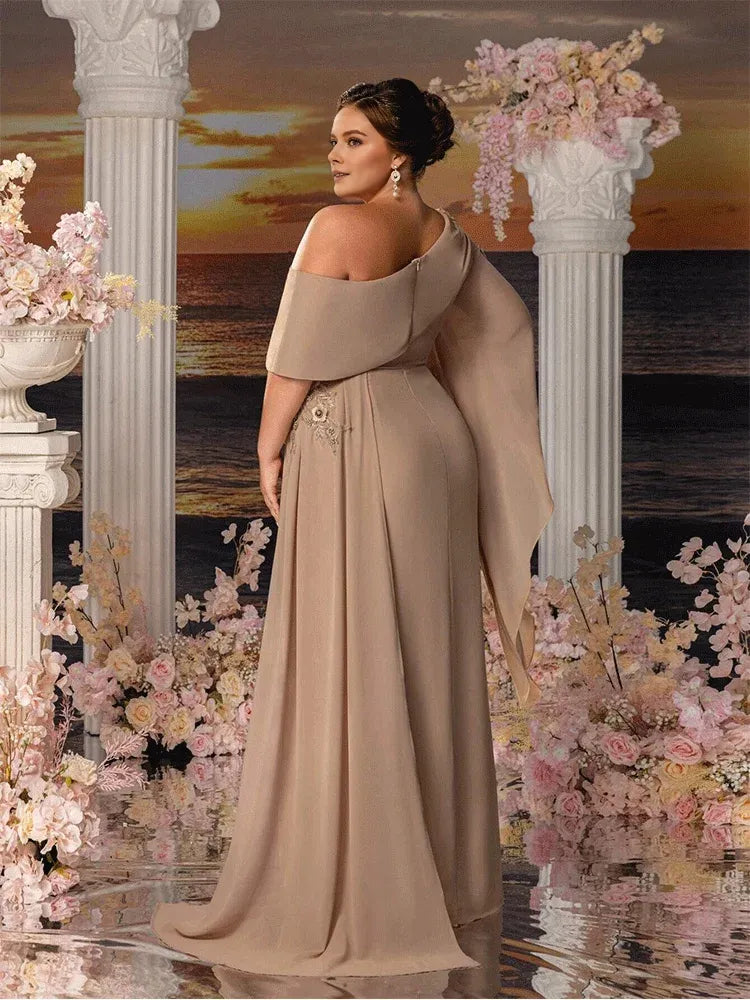 Dress Plus Size Strapless Apricot Chiffon Floor-Length Evening Dress Luxury Chiffon Mom Dress Floor-Length Prom Gown Women