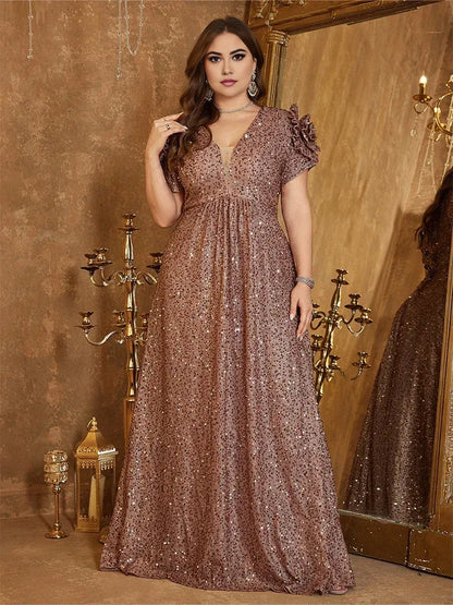 Dress Plus Size V-Neck Pink Floor-Length Shiny Prom Dress Luxury Evening Dress Wedding Evening Dress