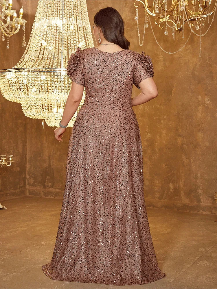 Dress Plus Size V-Neck Pink Floor-Length Shiny Prom Dress Luxury Evening Dress Wedding Evening Dress