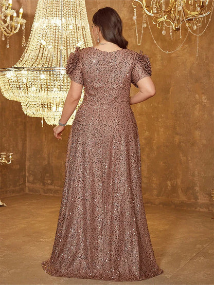 Dress Plus Size V-Neck Pink Floor-Length Shiny Prom Dress Luxury Evening Dress Wedding Evening Dress