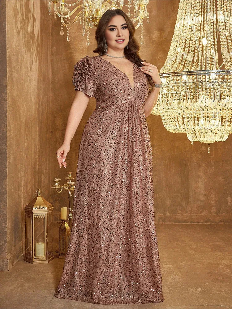 Dress Plus Size V-Neck Pink Floor-Length Shiny Prom Dress Luxury Evening Dress Wedding Evening Dress