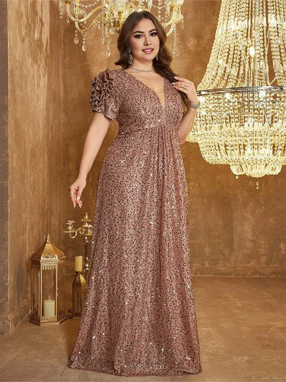 Dress Plus Size V-Neck Pink Floor-Length Shiny Prom Dress Luxury Evening Dress Wedding Evening Dress