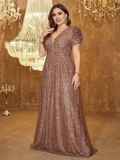 Dress Plus Size V-Neck Pink Floor-Length Shiny Prom Dress Luxury Evening Dress Wedding Evening Dress