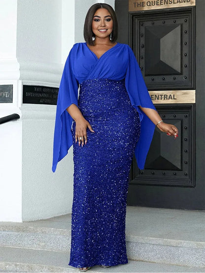Dress Plus Size V Neck Silver Gray Sequin Wedding Bridesmaid Luxury Evening Dress Hip Cover Floor Sequin Prom Dress Mom Dress