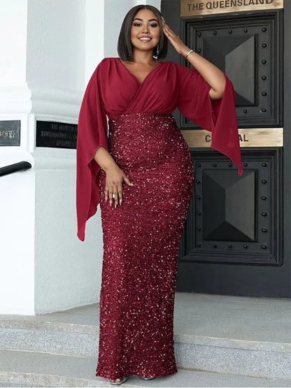 Dress Plus Size V Neck Silver Gray Sequin Wedding Bridesmaid Luxury Evening Dress Hip Cover Floor Sequin Prom Dress Mom Dress