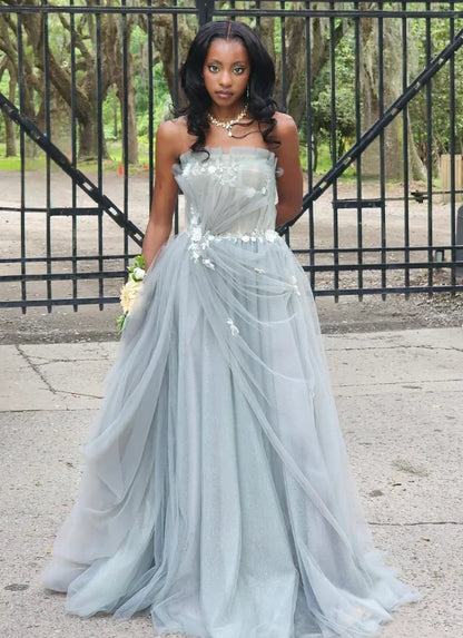 Dress Pretty A Line Strapless Appliques Grey Tulle Long Prom Dress Evening Dress Party Dress