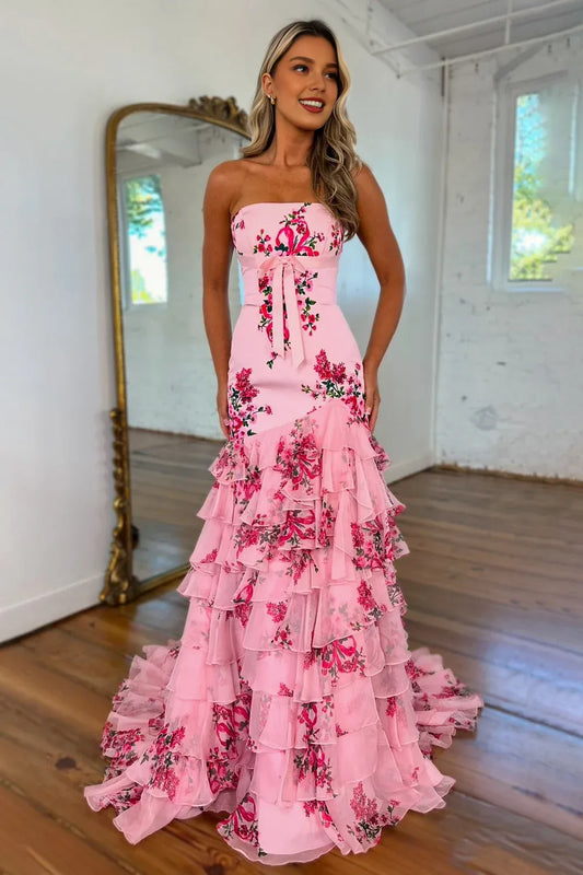 Dress Pretty Pink Strapless Long Mermaid Prom Dress with Ruffle Print Chiffon Skirt Prom Dress