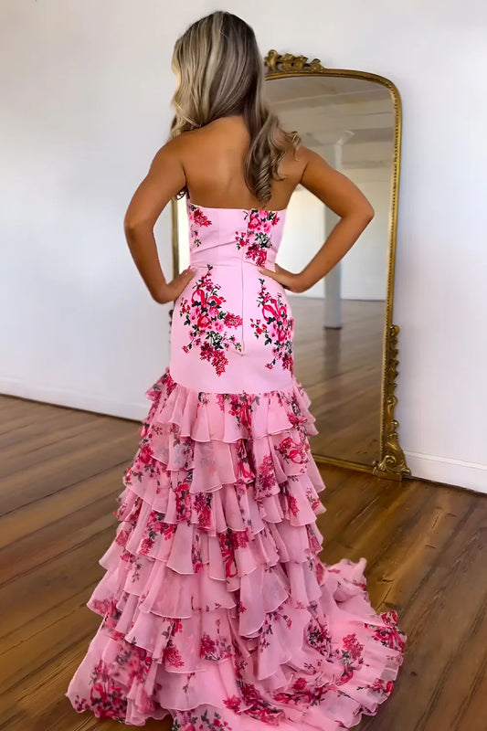 Dress Pretty Pink Strapless Long Mermaid Prom Dress with Ruffle Print Chiffon Skirt Prom Dress