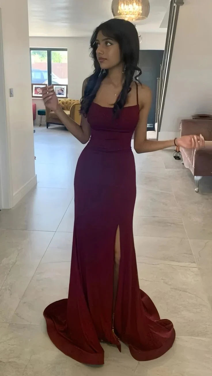Dress Pretty Sheath Spaghetti Straps Burgundy Slit Long Evening Dress Prom Dresses