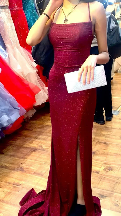 Dress Pretty Sheath Spaghetti Straps Burgundy Slit Long Evening Dress Prom Dresses