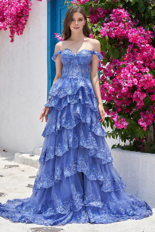 Dress Princess A Line Off the Shoulder Dark Blue Long Party Dress With Appliques Prom Dress