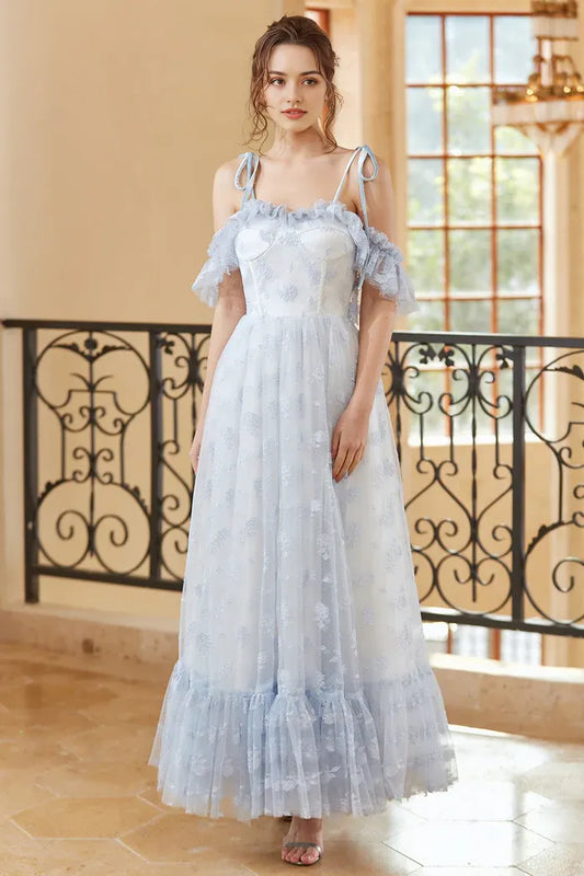 Dress Princess A Line Off the Shoulder Light Blue Maxi Dress Prom Dress Sleeveless Ruffles Fashion Party Dress