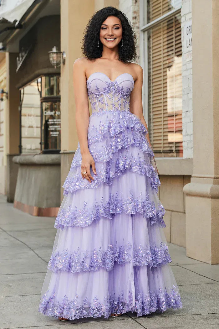 Dress Princess A Line Sweetheart Lavender Corset Party Dress Sleeveless Maxi Dress With Tiered Prom Dress