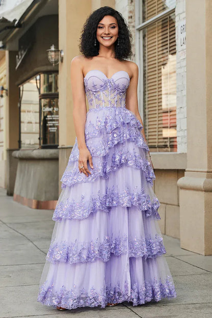 Dress Princess A Line Sweetheart Lavender Corset Party Dress Sleeveless Maxi Dress With Tiered Prom Dress