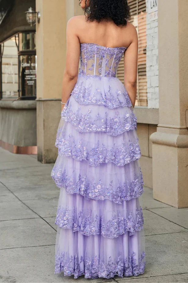 Dress Princess A Line Sweetheart Lavender Corset Party Dress Sleeveless Maxi Dress With Tiered Prom Dress