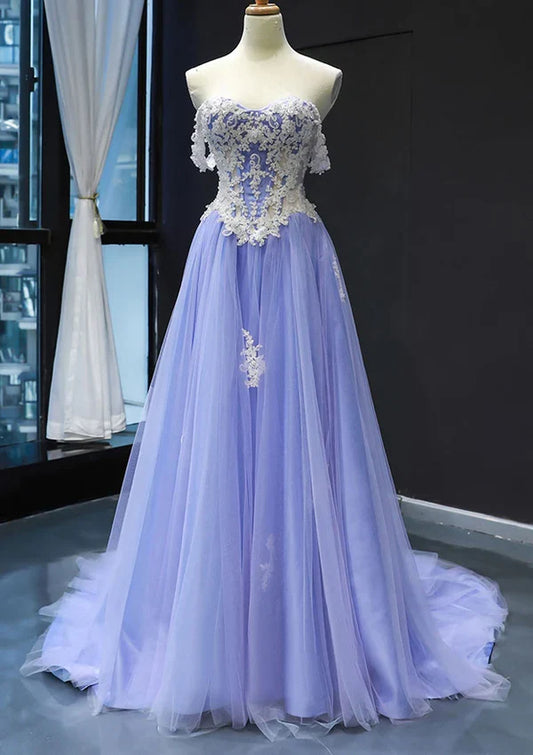 Dress Princess Off-the-Shoulder Sweep Train Tulle Satin Party Dress/Evening Dress With Applique Prom Dress