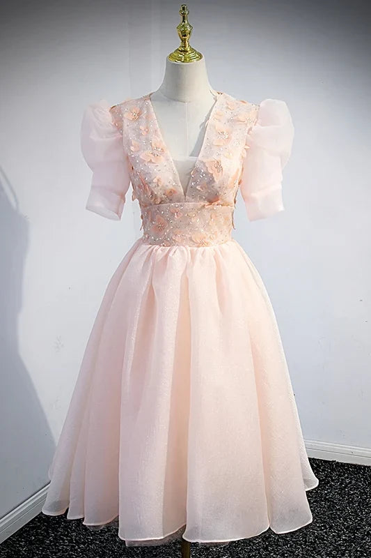 Dress Princess Pink A-line Short Dress With Empire Waist Short Sleeves Homecoming Dress