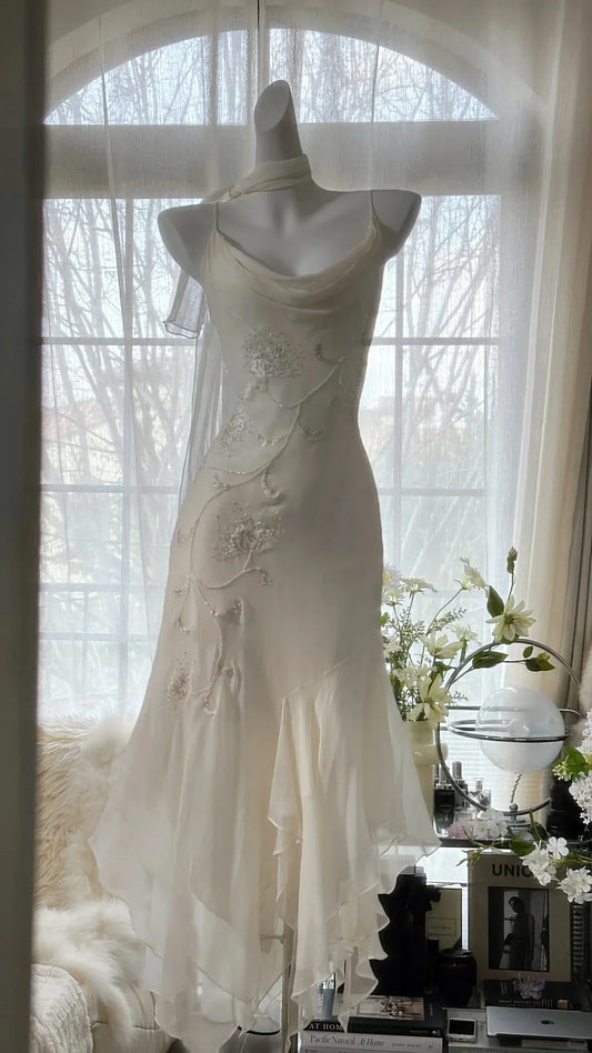 Dress Pure and Elegant Chiffon Spaghetti Strap Beaded V Back Mermaid Prom Dress