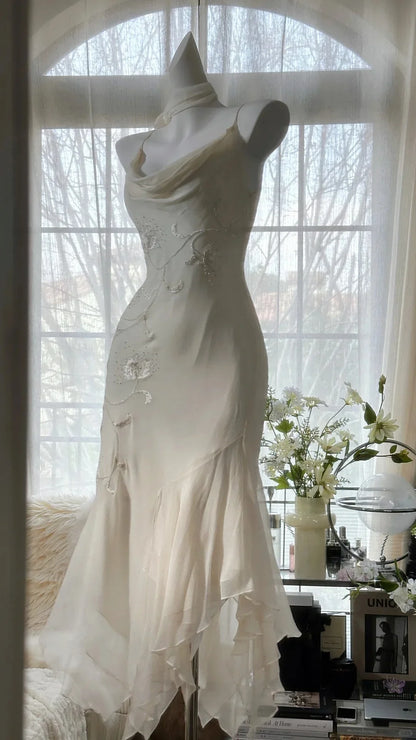 Dress Pure and Elegant Chiffon Spaghetti Strap Beaded V Back Mermaid Prom Dress
