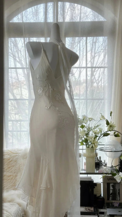 Dress Pure and Elegant Chiffon Spaghetti Strap Beaded V Back Mermaid Prom Dress