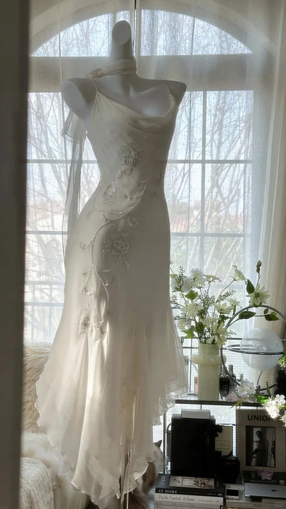 Dress Pure and Elegant Chiffon Spaghetti Strap Beaded V Back Mermaid Prom Dress