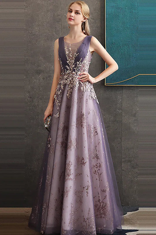 Dress Purple A Line Round Neck Elegant Tulle Maxi Dress Sleeveless With Sequins Prom Dress