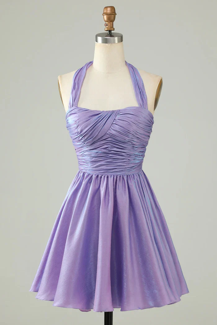 Dress Purple Halter Open Back Sleeveless A Line Short Homecoming Dress Sleeveless Party Dress