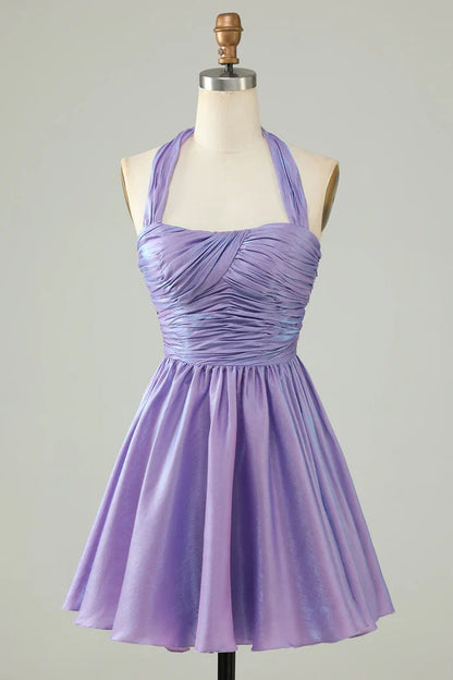 Dress Purple Halter Open Back Sleeveless A Line Short Homecoming Dress Sleeveless Party Dress