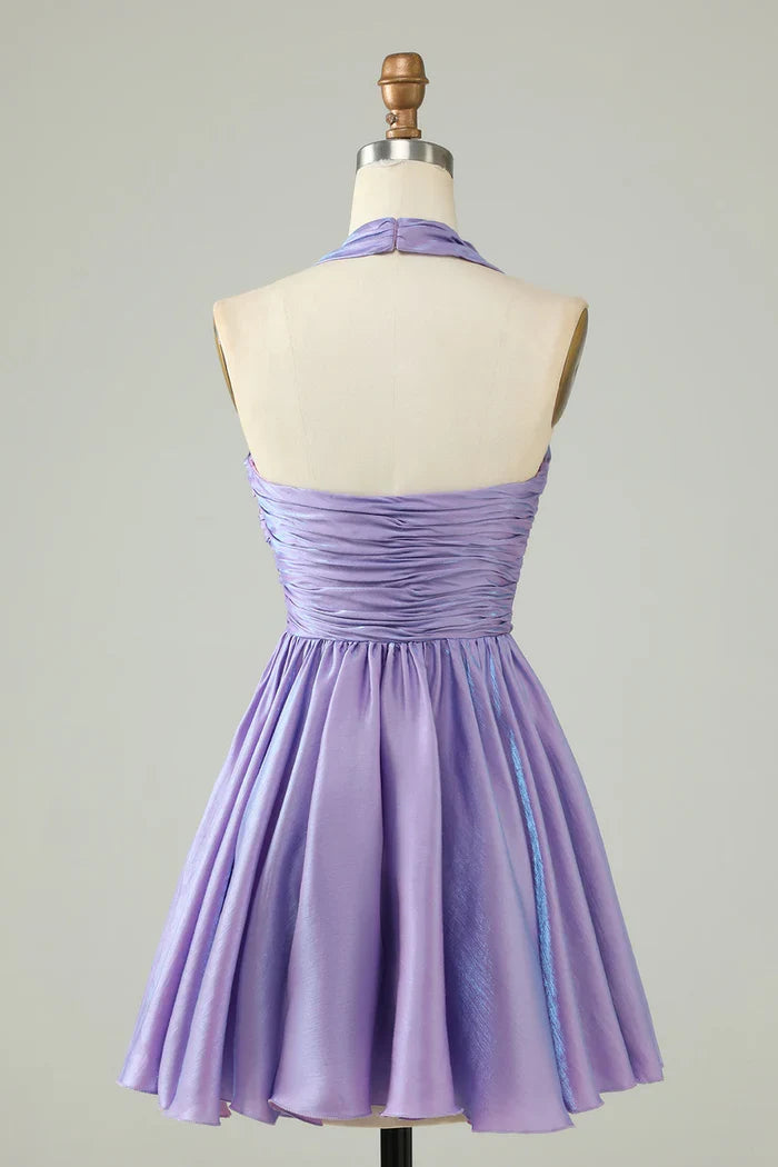 Dress Purple Halter Open Back Sleeveless A Line Short Homecoming Dress Sleeveless Party Dress