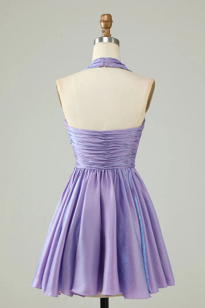 Dress Purple Halter Open Back Sleeveless A Line Short Homecoming Dress Sleeveless Party Dress