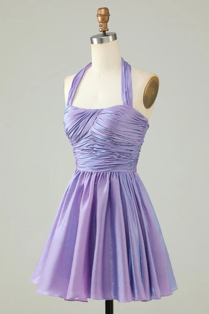 Dress Purple Halter Open Back Sleeveless A Line Short Homecoming Dress Sleeveless Party Dress