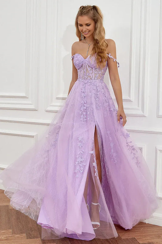Dress Purple Off the Shoulder Long Party Dress With Appliques Prom Dress