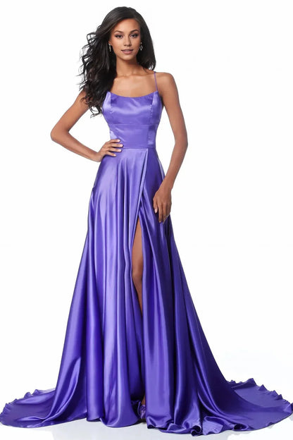 Dress Purple Satin Gown Spaghetti Straps Square Neck High Slit Skirt And A Floor Length Silhouette Prom Dress