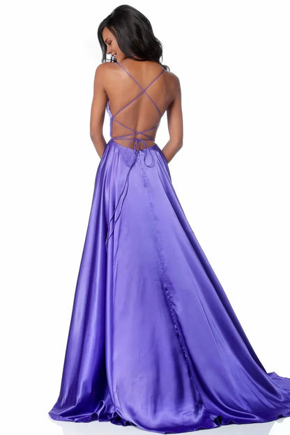 Dress Purple Satin Gown Spaghetti Straps Square Neck High Slit Skirt And A Floor Length Silhouette Prom Dress