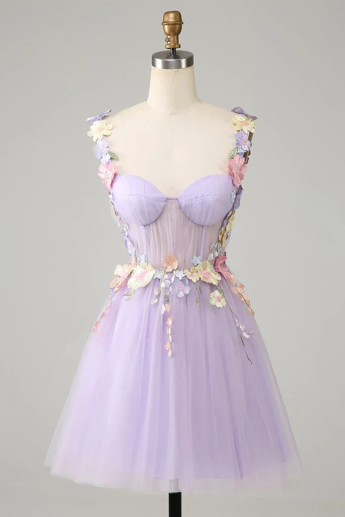 Dress Purple Spaghetti Straps Tulle Homecoming Dress Pleats Sleeveless 3D Flowers Party Dress