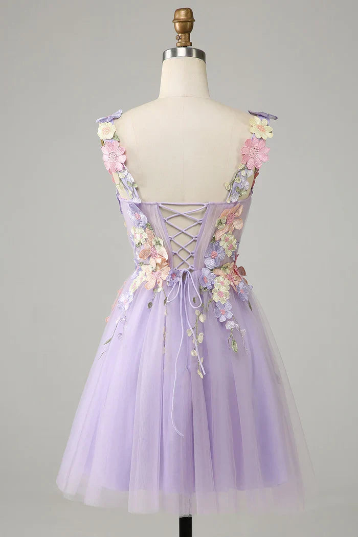 Dress Purple Spaghetti Straps Tulle Homecoming Dress Pleats Sleeveless 3D Flowers Party Dress