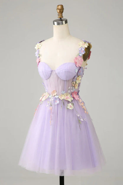 Dress Purple Spaghetti Straps Tulle Homecoming Dress Pleats Sleeveless 3D Flowers Party Dress