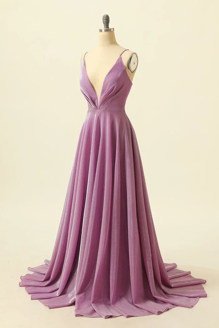 Dress Purple V-neck Spaghetti Straps Maxi Dress Prom Dress Formal Dress With Sparkly Evening Dress