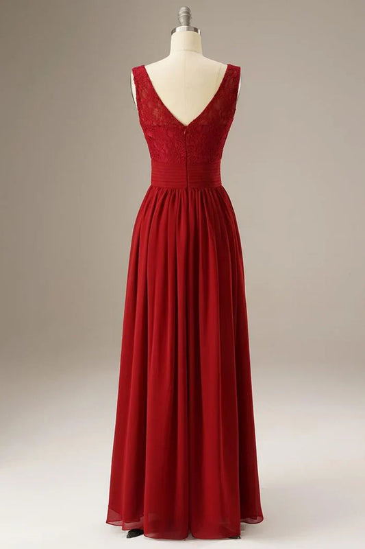 Dress Red A Line Lace Top Chiffon Sleeveless Scoop Maxi Dress Prom Dress With Zipper Up