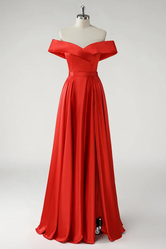 Dress Red A Line Off the Shoulder Ruched Maxi Dress Prom Dress With Slit Evening Dress