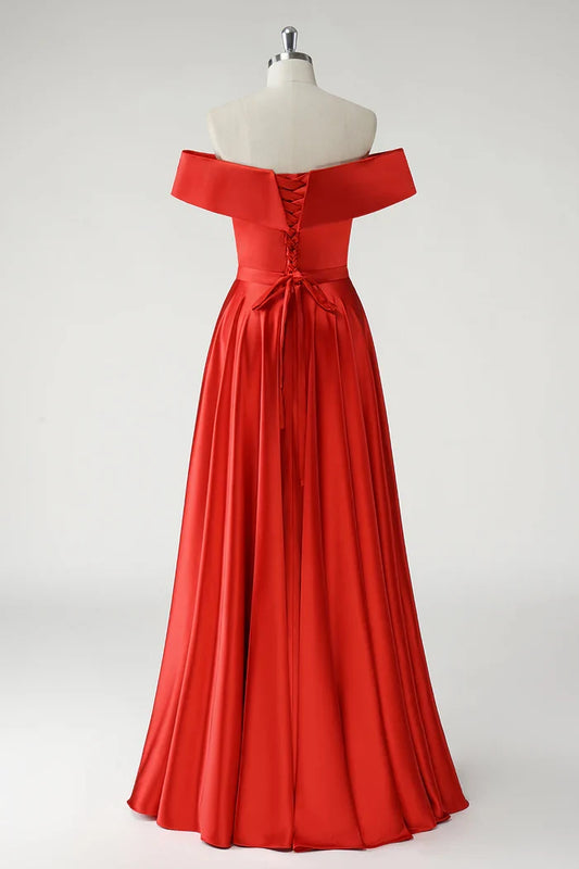Dress Red A Line Off the Shoulder Ruched Maxi Dress Prom Dress With Slit Evening Dress