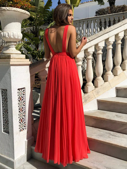 Dress Red A Line V Neck Floor Length Chiffon Backless Long Prom Formal Evening Dresses