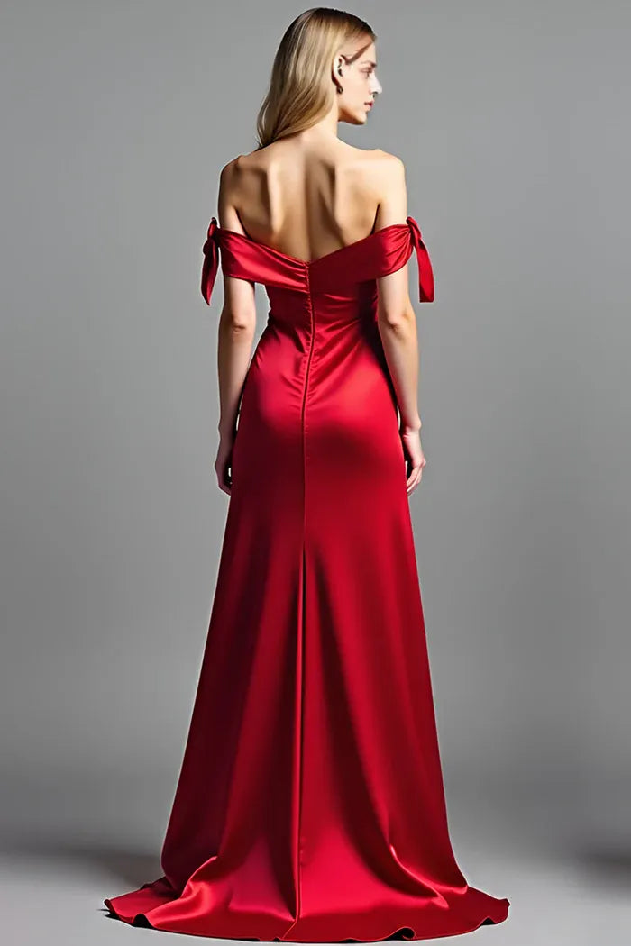 Dress Red Off the Shoulder Satin Maxi Dress Prom Dress With Slit Evening Dress