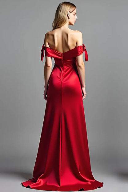Dress Red Off the Shoulder Satin Maxi Dress Prom Dress With Slit Evening Dress