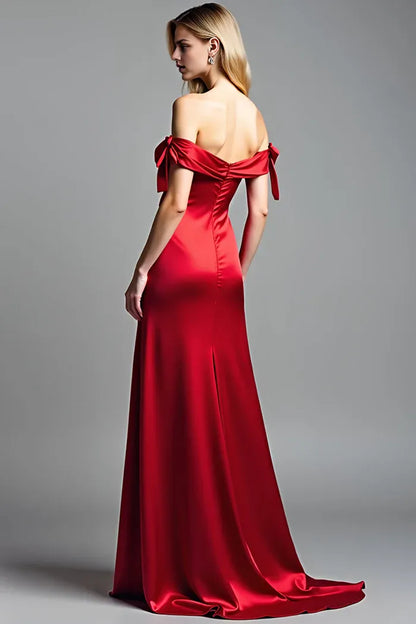 Dress Red Off the Shoulder Satin Maxi Dress Prom Dress With Slit Evening Dress
